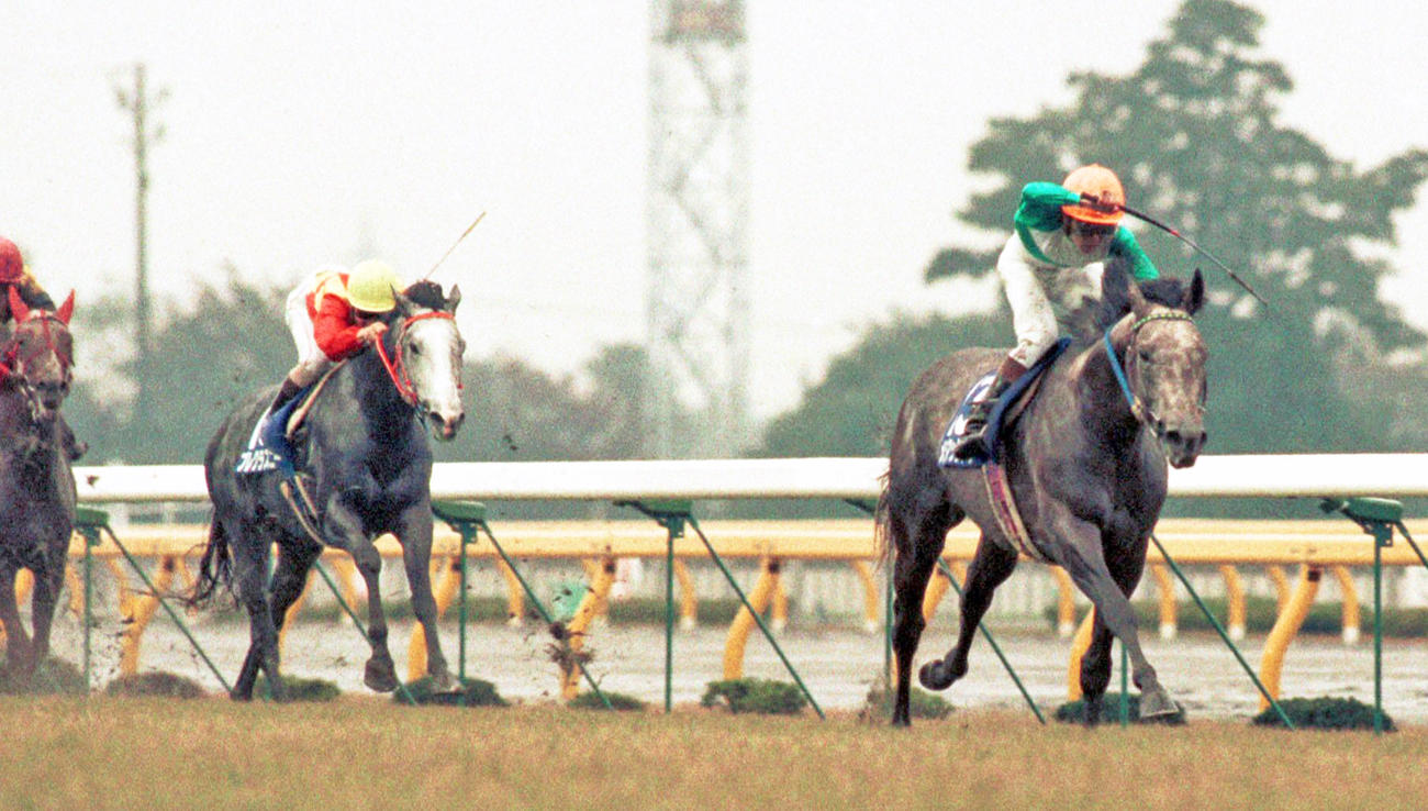 91年天皇賞・秋、1着で入線したメジロマックイーンと武豊騎手