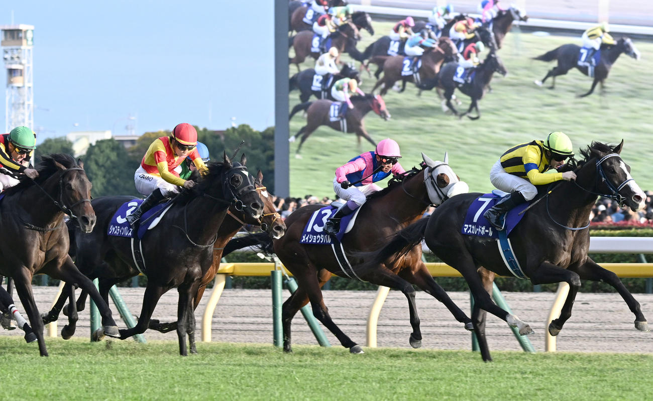 天皇賞・秋3着のジャスティンパレス（左から2頭目）。右は勝ったマスカレードボール（撮影・千葉一成）
