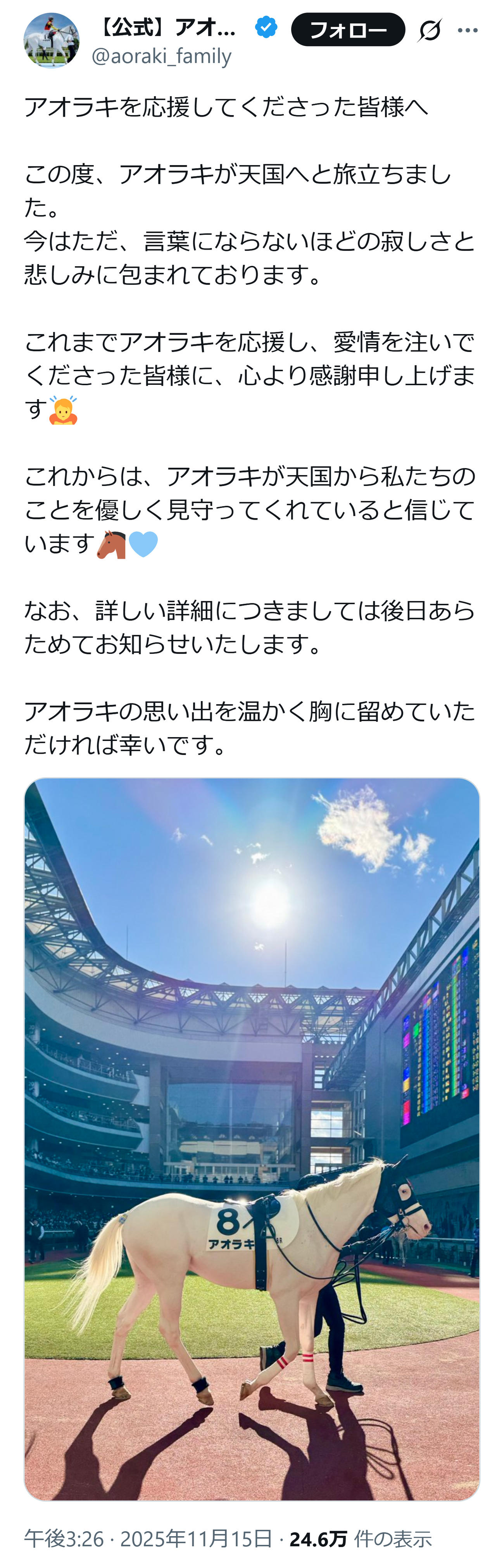 アオラキの死を伝える投稿（アオラキfamilyの公式Xから）