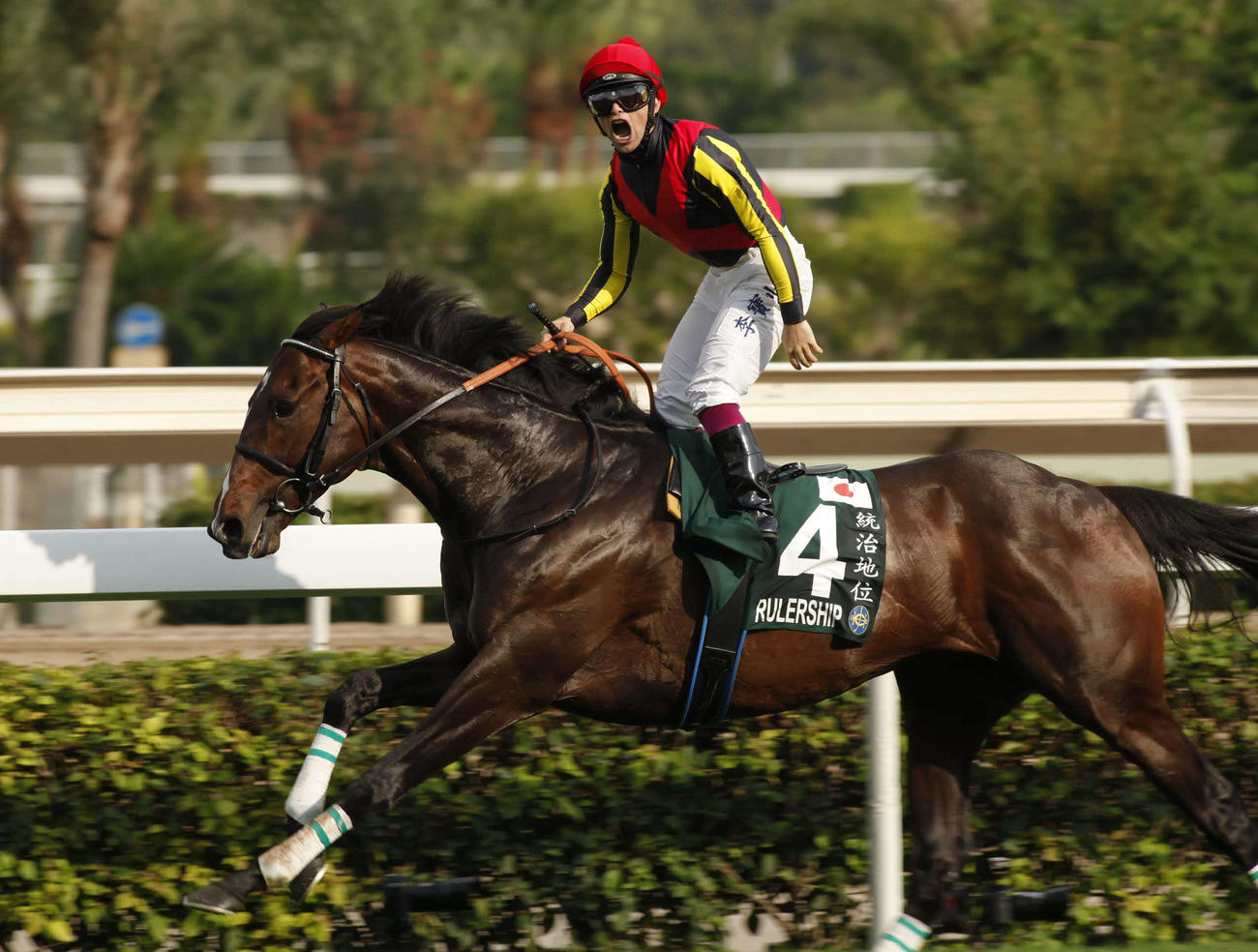 クイーンエリザベス2世Cを制したルーラーシップとリスポリ騎手（C）The Hong Kong Jockey Club