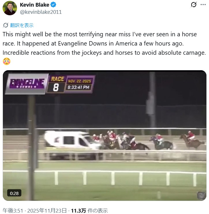 コースを救急車が走ったエヴァンジェリンダウンズ競馬場のレースを伝えるケビン・ブレイク氏のX