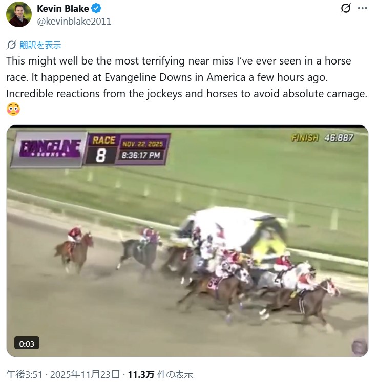 コースを救急車が走ったエヴァンジェリンダウンズ競馬場のレースを伝えるケビン・ブレイク氏のX