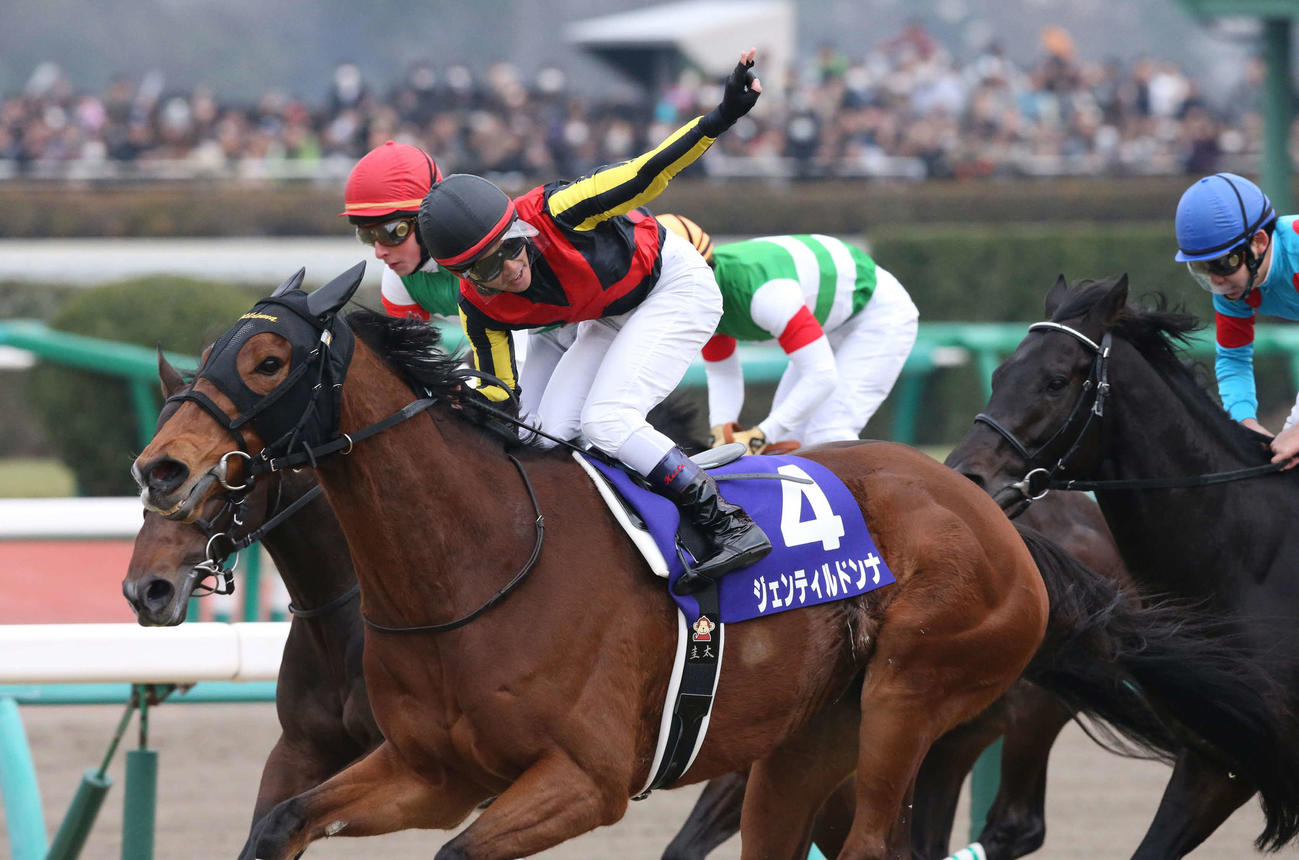 引退するジェンティルドンナで有馬記念を制してスタンドに向かってポーズを決める戸崎圭太騎手（2014年12月撮影）