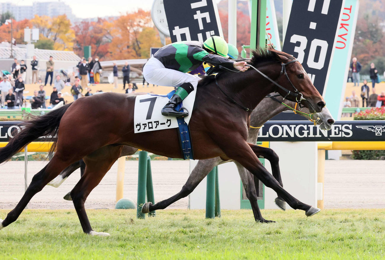 東京5R、ゴール手前で差し切って2歳新馬戦を制したヴァロアークとルメール騎手（撮影・丹羽敏通）