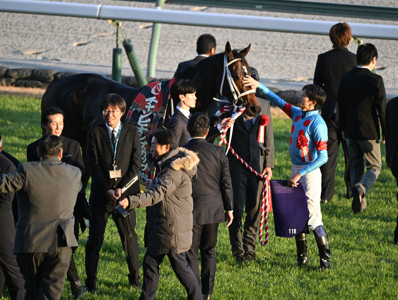 チャンピオンズCを制しダブルハートボンドをなでる坂井瑠星騎手（撮影・和賀正仁）
