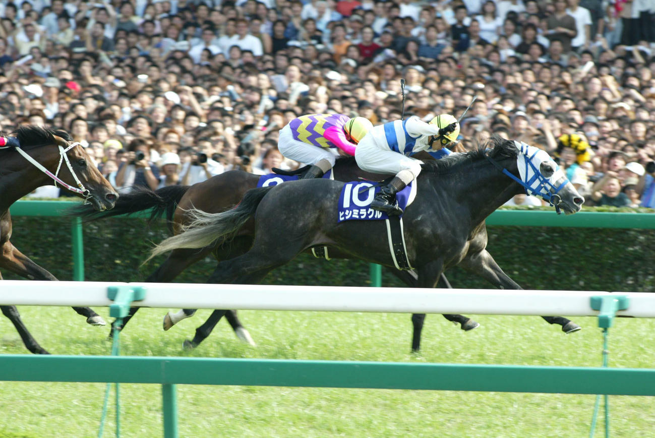 03年宝塚記念でヒシミラクルに次ぐ2着に入ったツルマルボーイ（奥）
