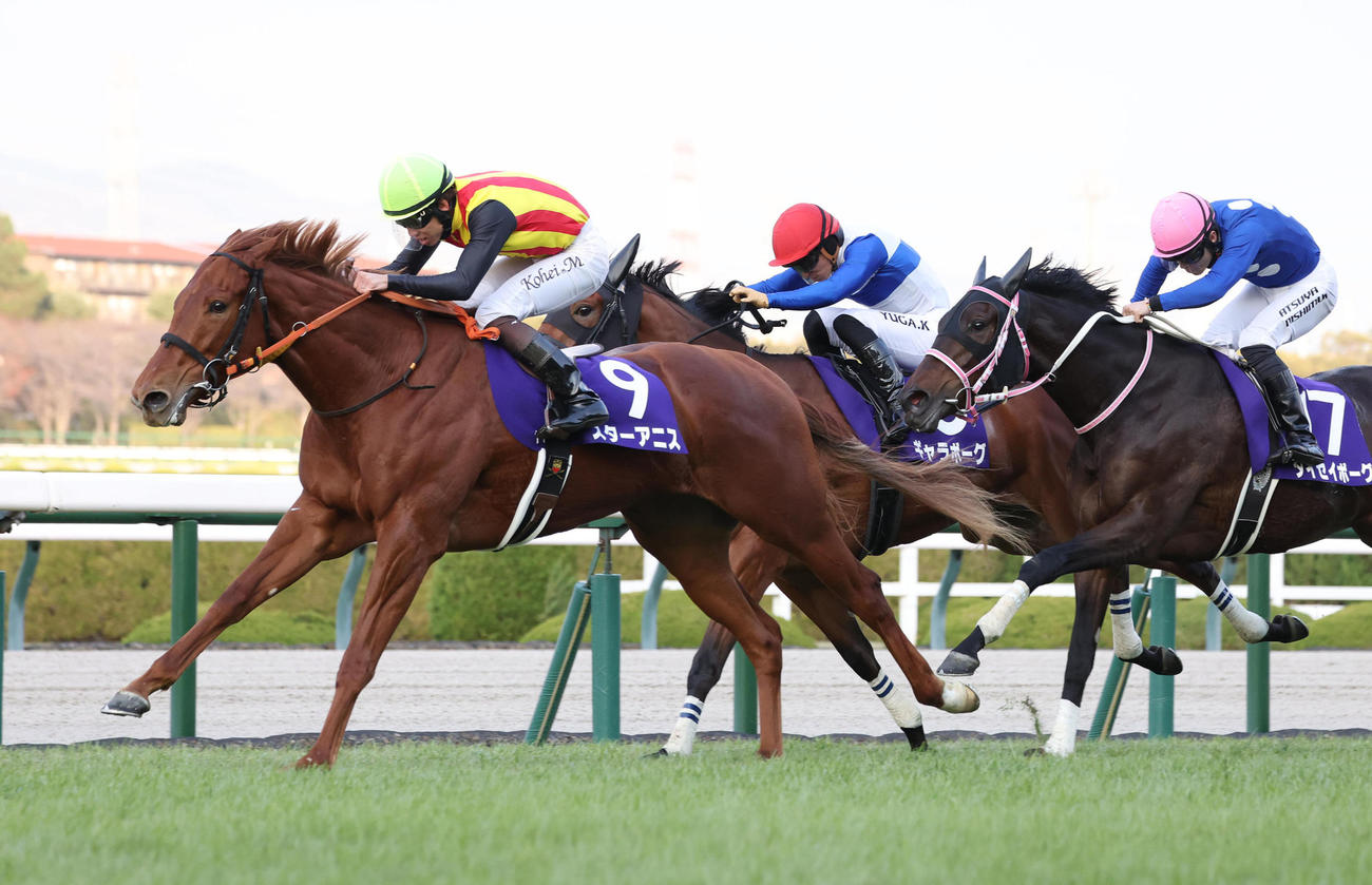 阪神11R、直線抜け出して阪神JFを制したスターアニス（左）（撮影・白石智彦）