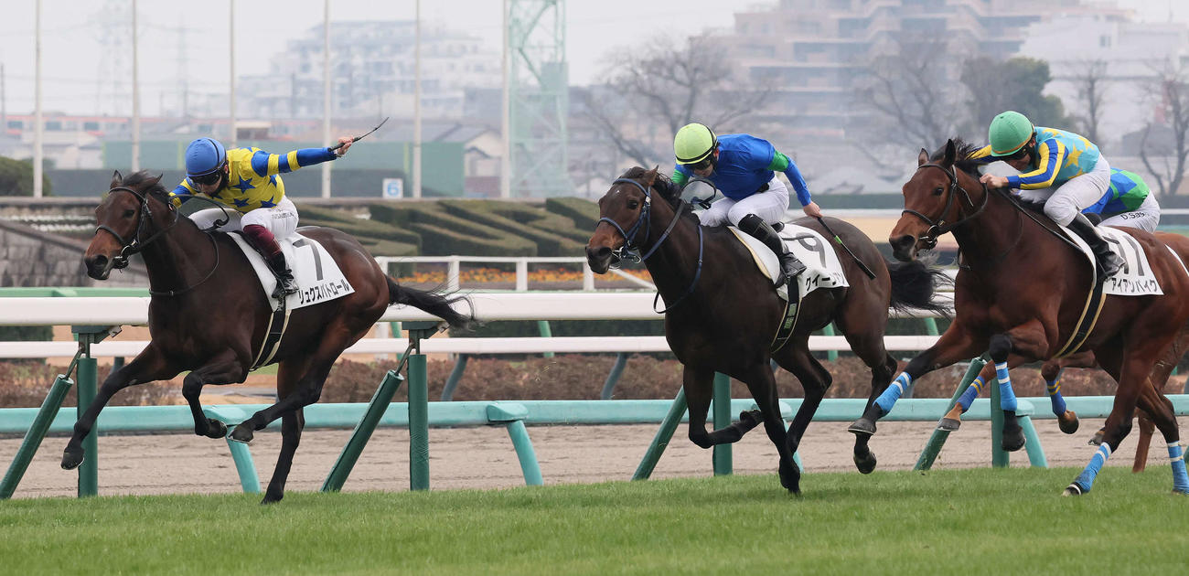 中山6R、2歳牝馬限定の新馬戦を制したリュクスパトロールと西村淳騎手（左）。右は2着アイアンパイク（撮影・丹羽敏通）