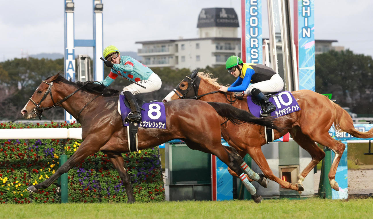 11R朝日杯フューチュリティステークスをカヴァレリッツォで制し鞍上でガッツポーズを見せるC・デムーロ騎手（撮影・上田博志）