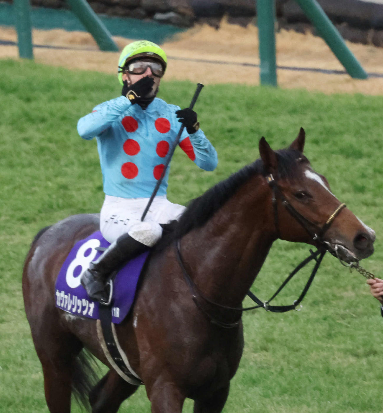 カヴァレリッツォで朝日杯FSを制したC・デムーロ騎手は観客に向かって投げキッス（撮影・西尾就之）