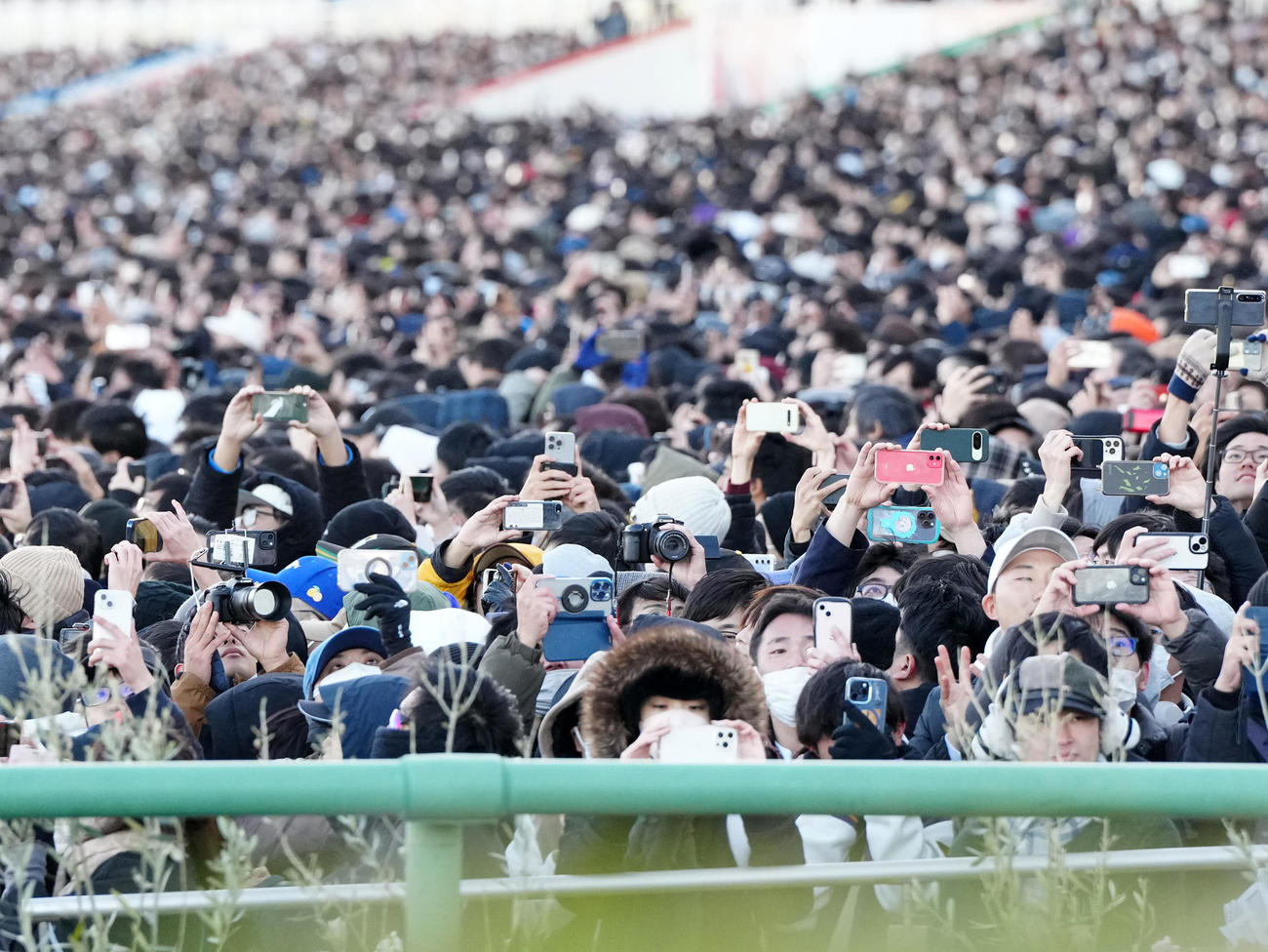 有馬記念のレース前、ファンファーレを演奏する航空自衛隊航空中央音楽隊を撮影する観客（2024年12月撮影）