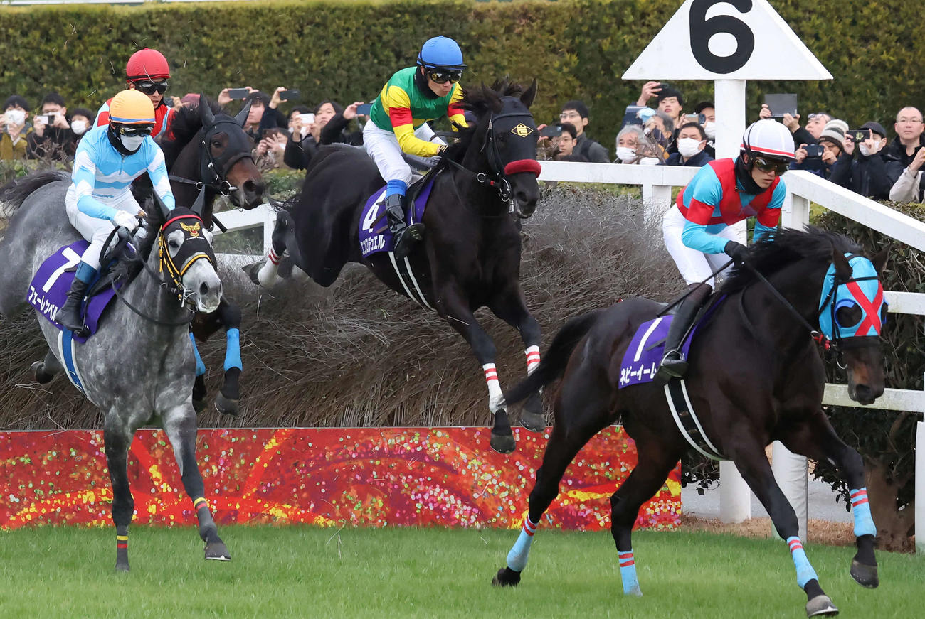 中山大障害を制したエコロデュエルと草野騎手（中央）（撮影・丹羽敏通）