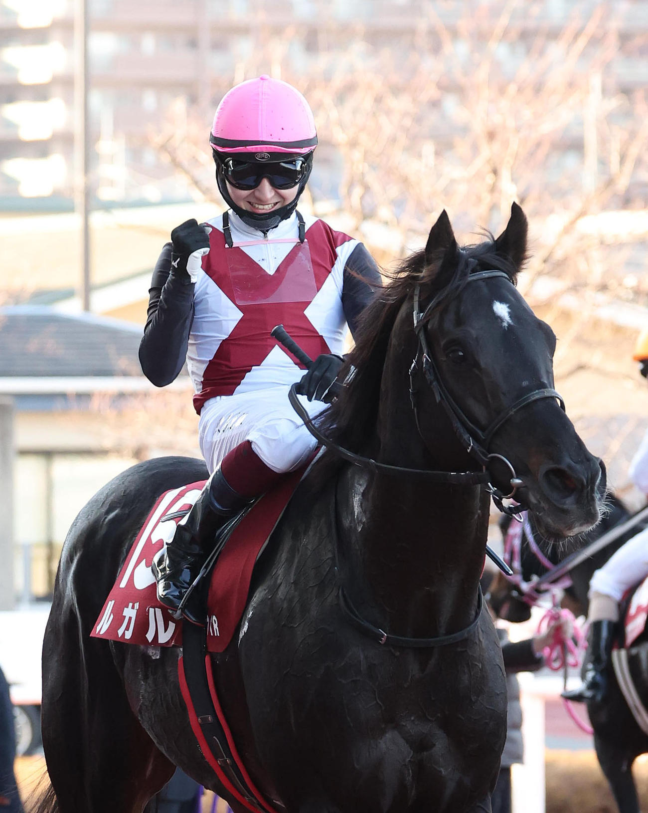阪神Cをルガルで勝利してガッツポーズで引き揚げる鮫島駿騎手（撮影・白石智彦）
