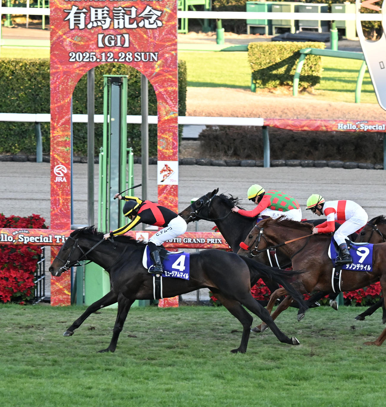 有馬記念を制したミュージアムマイルとC・デムーロ騎手（左）（撮影・千葉一成）