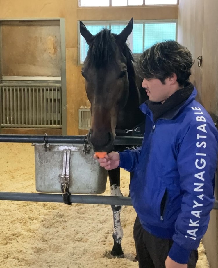 有馬記念制覇から一夜明けたミュージアムマイルは担当の嘉堂助手からニンジンをもらう