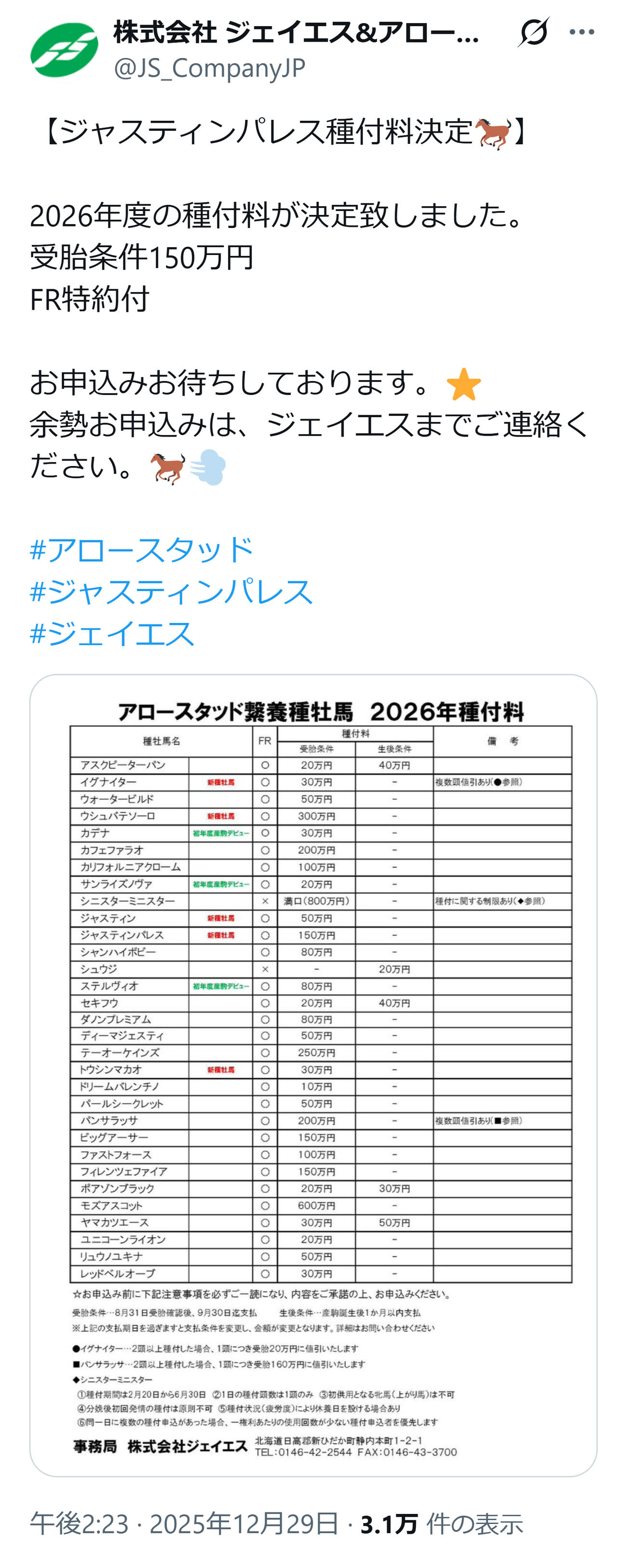 ジャスティンパレスの種付け料（アロースタッドの公式Xから）