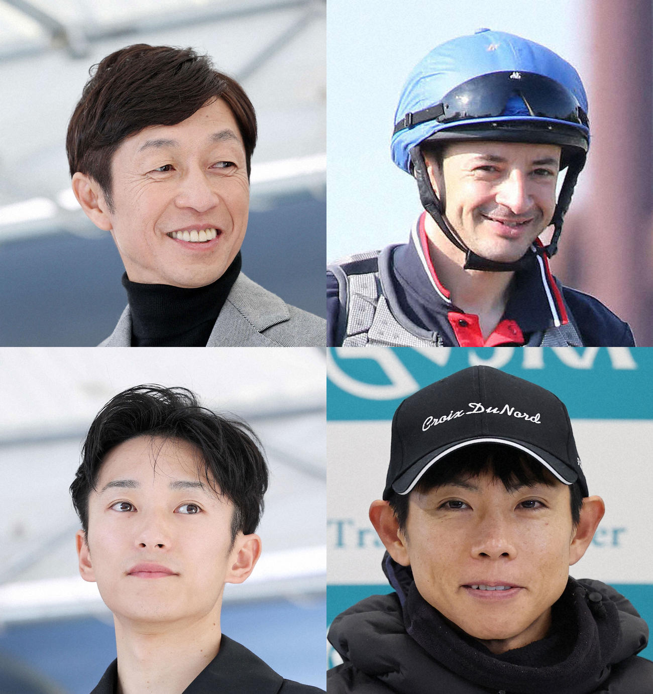 左上から時計回りに武豊騎手、ルメール騎手、北村友一騎手、坂井瑠星騎手