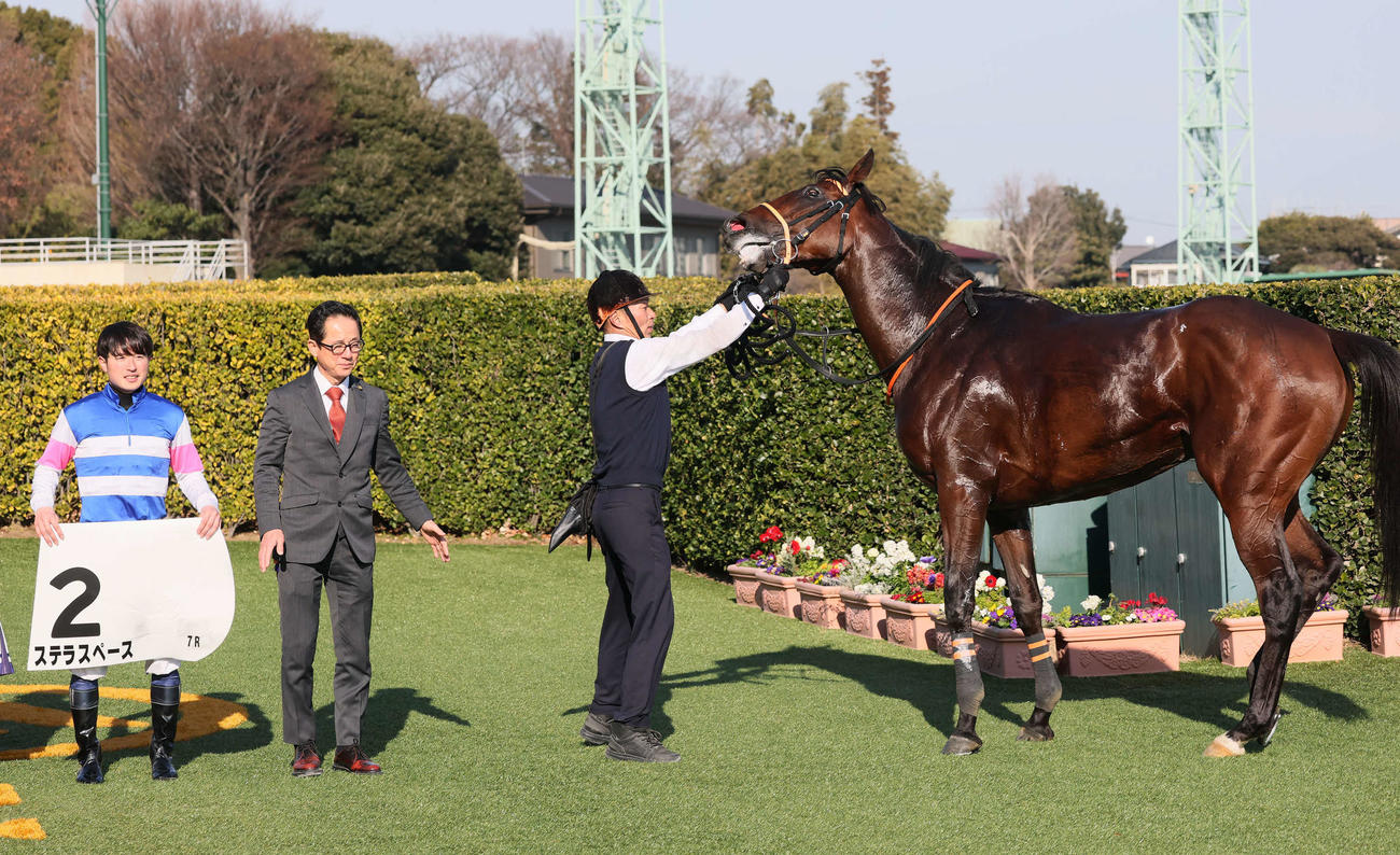 中山7R、3歳1勝クラスを制したステラスペースの口取りをする武藤騎手と武藤師（撮影・丹羽敏通）