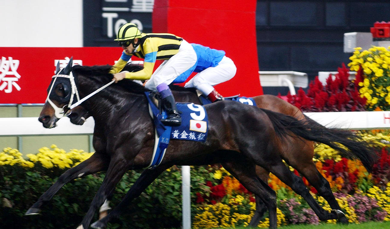 01年香港ヴァーズでエーカーを差し切り優勝したステイゴールド(手前）