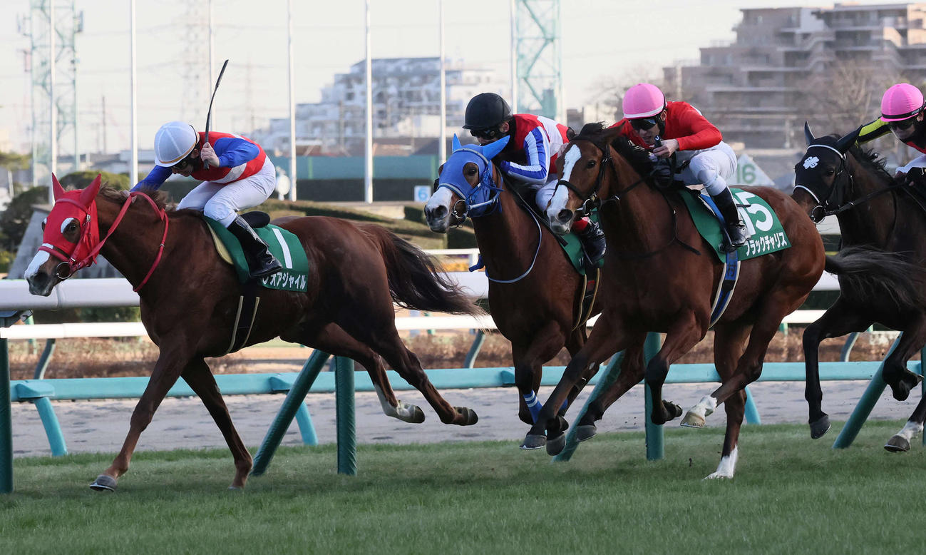 中山11R、フェアリーSを制したブラックチャリスと津村騎手（右）（撮影・丹羽敏通）