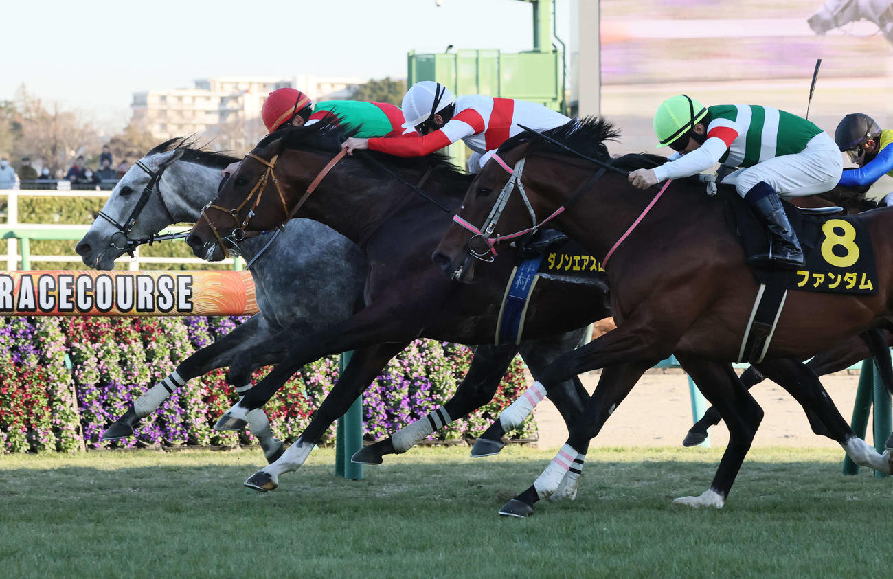 中山11R、ニューイヤーSを制したカピリナと横山典騎手（奥）（撮影・丹羽敏通）