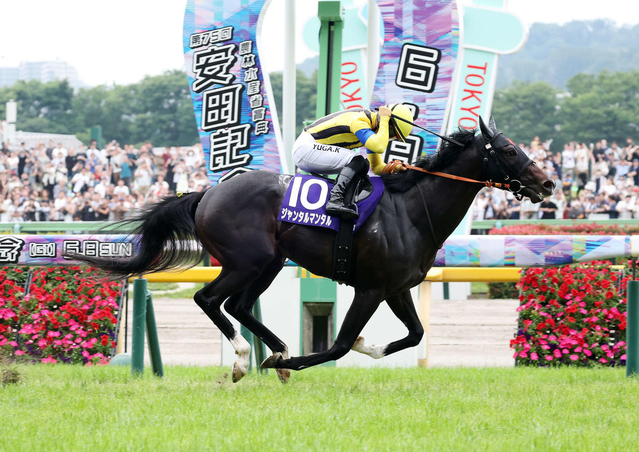 安田記念を制したジャンタルマンタルとガッツポーズする川田騎手（2025年6月8日撮影）