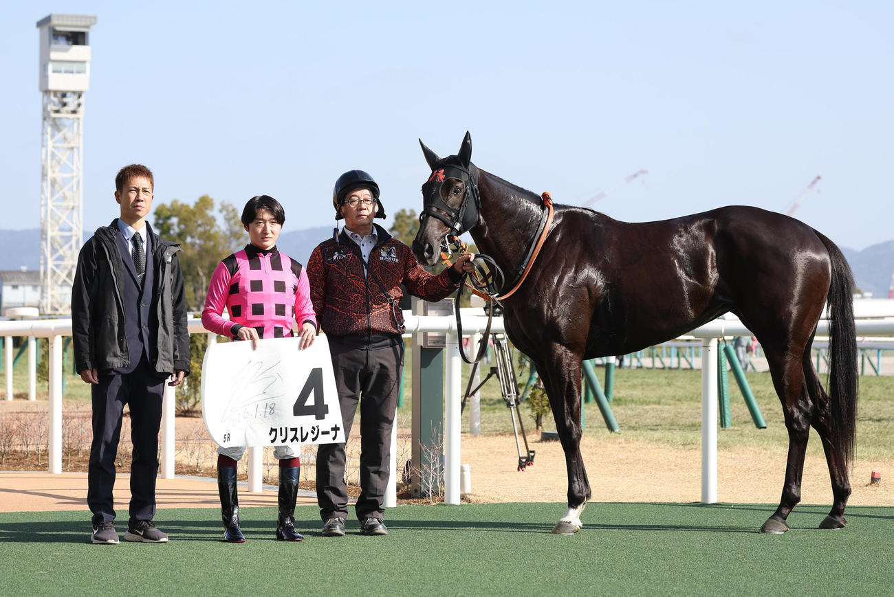 京都5R、新馬戦を制したクリスレジーナと口取りに並ぶ鮫島駿騎手（中央）（撮影・白石智彦）