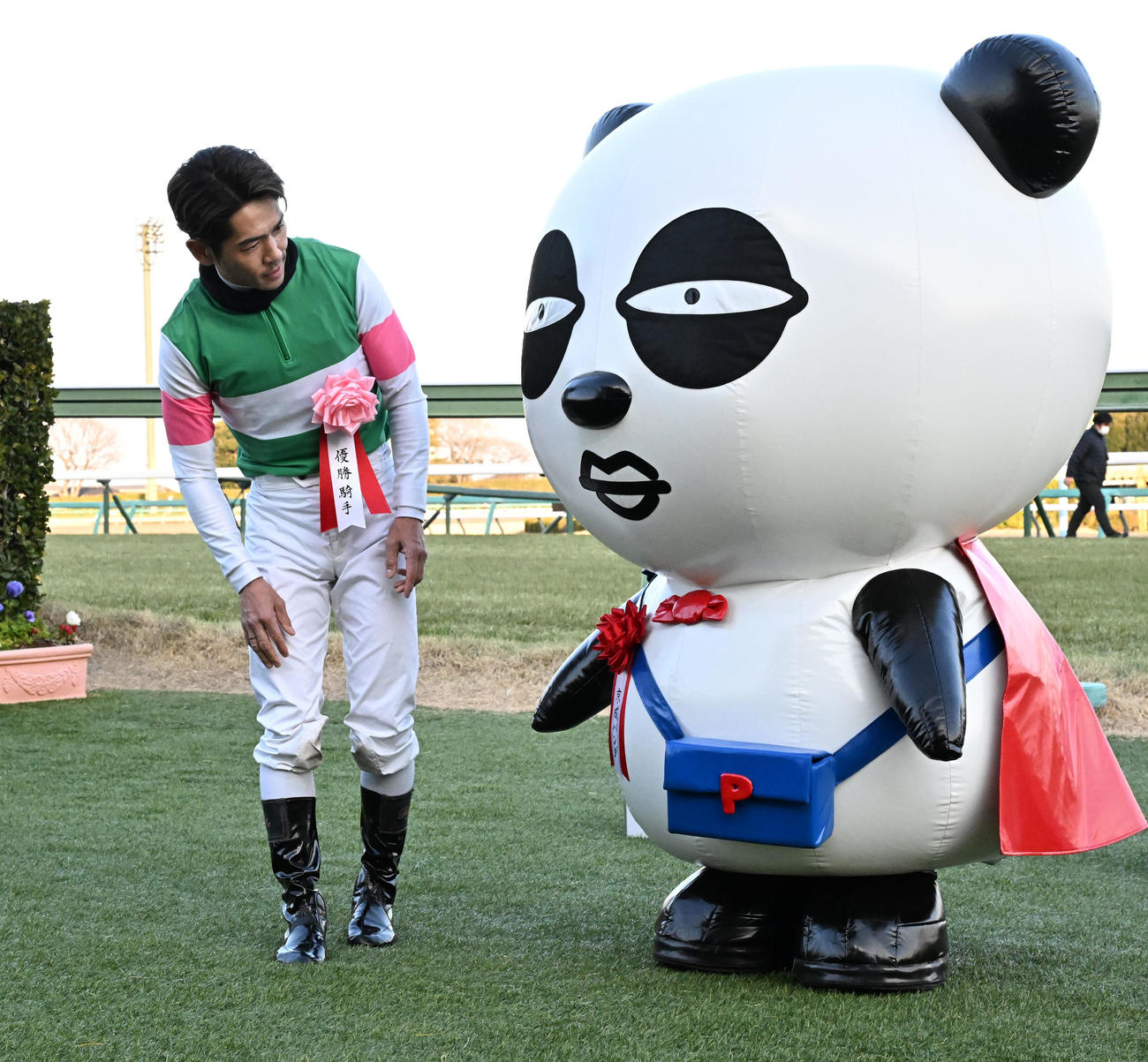 京成パンダに興味津々の戸崎騎手（撮影・千葉一成）