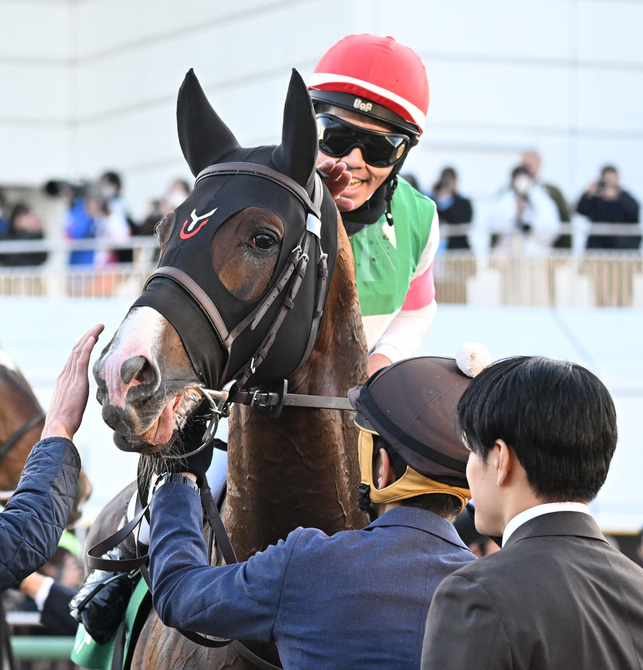 京成杯を制し、グリーンエナジーをねぎらう戸崎騎手（撮影・千葉一成）