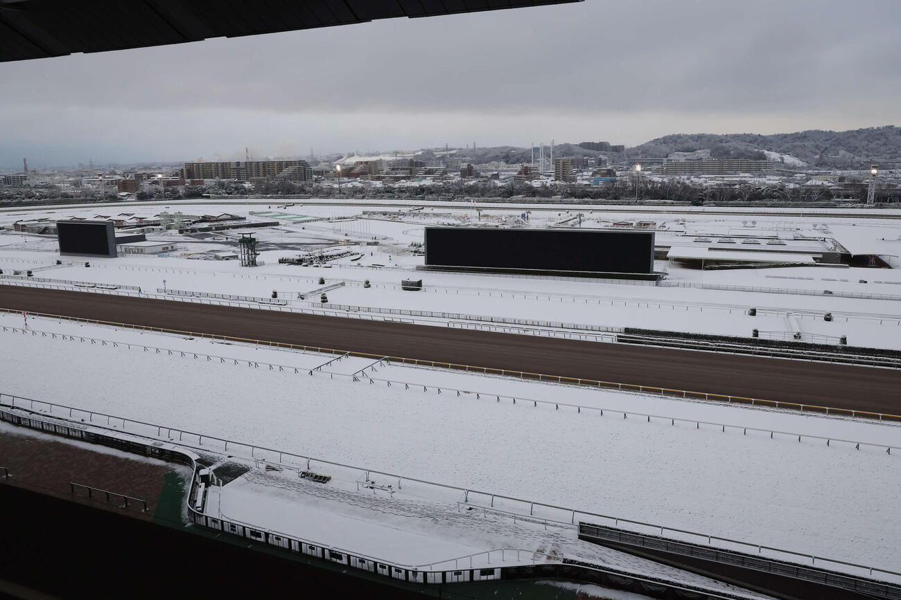 雪のため開催中止が発表された東京競馬場（撮影・丹羽敏通）