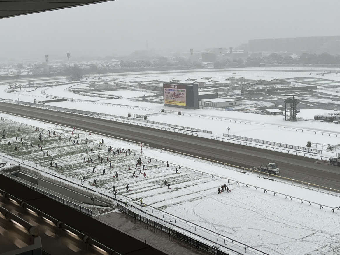 開催中止になった東京競馬場で芝コースの除雪作業が進められた（撮影・舟元祐二）