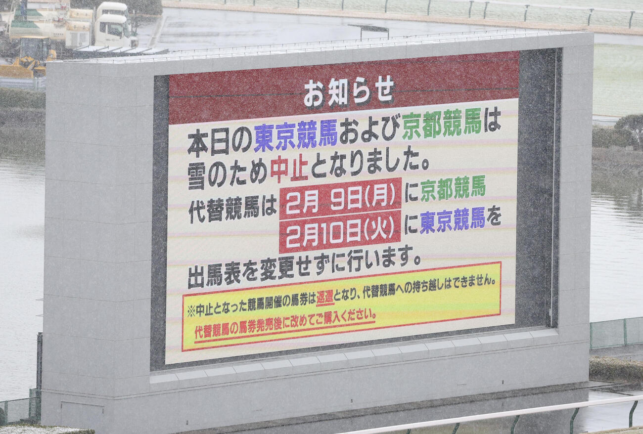 東京競馬と京都競馬の代替競馬を知らせる京都競馬場のターフビジョン（撮影・白石智彦）