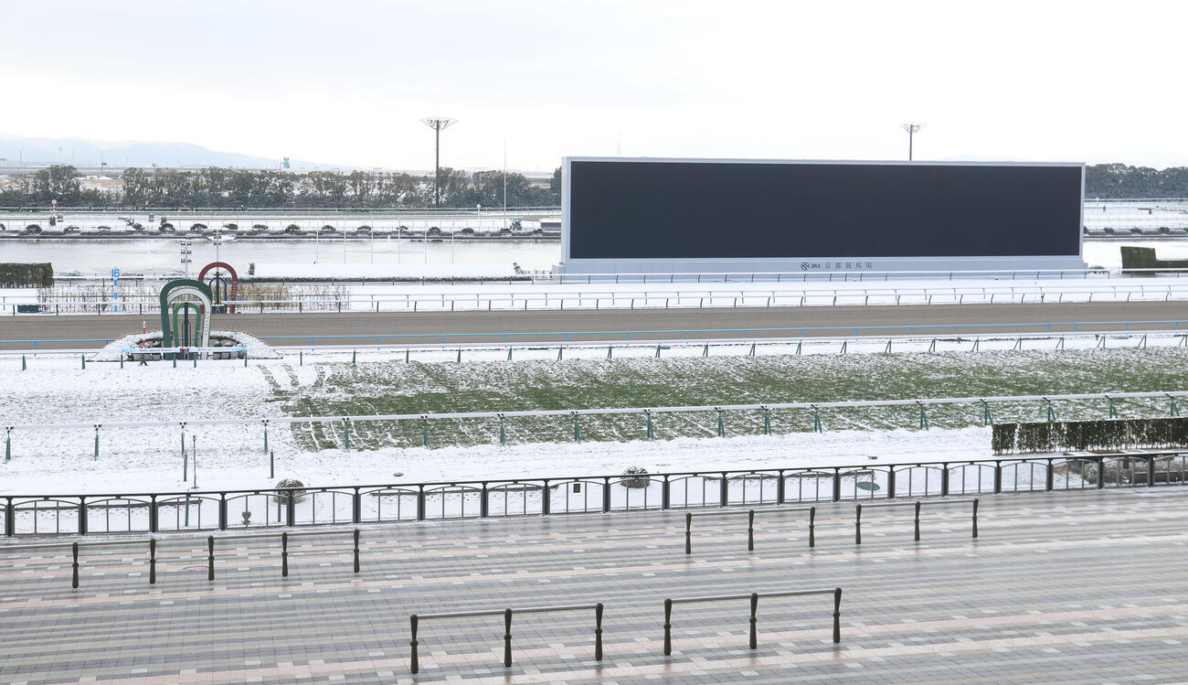 まだ雪が残る京都競馬場の芝コースのゴール板付近（撮影・白石智彦）