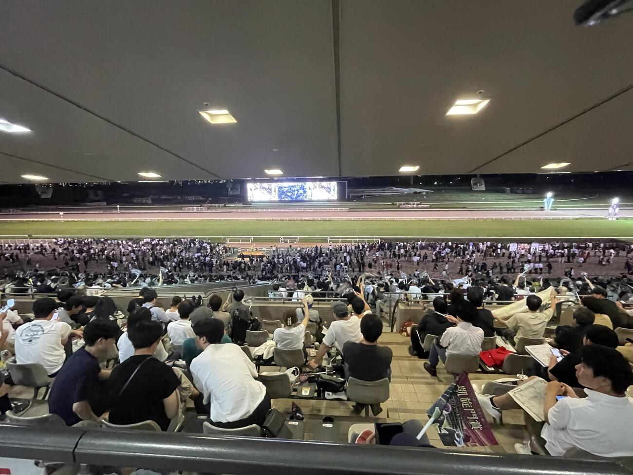 25年凱旋門賞のパブリックビューイングが行われた東京競馬場、ファンは旗を振って応援