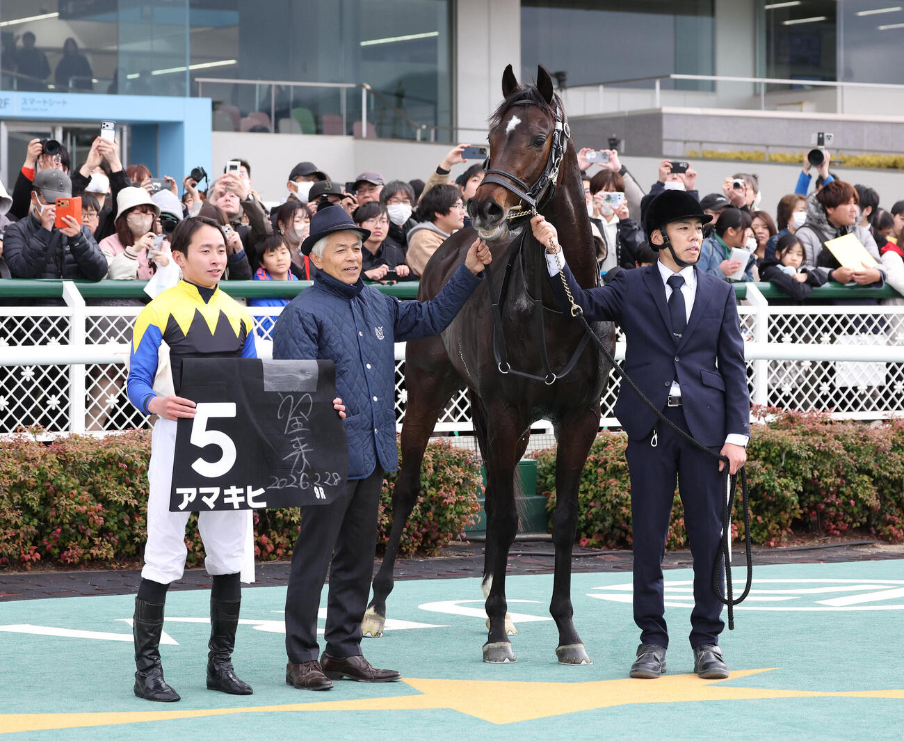松籟Sを制したアマキヒと口取りに並ぶ国枝師（中央）（撮影・白石智彦）