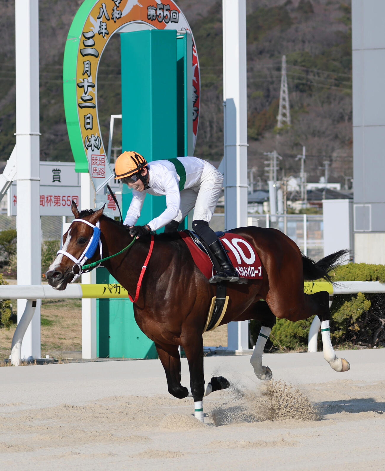 一着でゴールするヘラルドバローズと雄叫びを上げる小谷哲平騎手