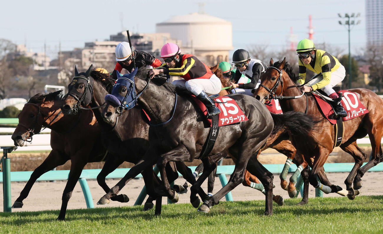 中山11R、アスクエジンバラとの競り合いを制し、スプリングSに勝利したアウダーシアと津村騎手（手前）（撮影・丹羽敏通）