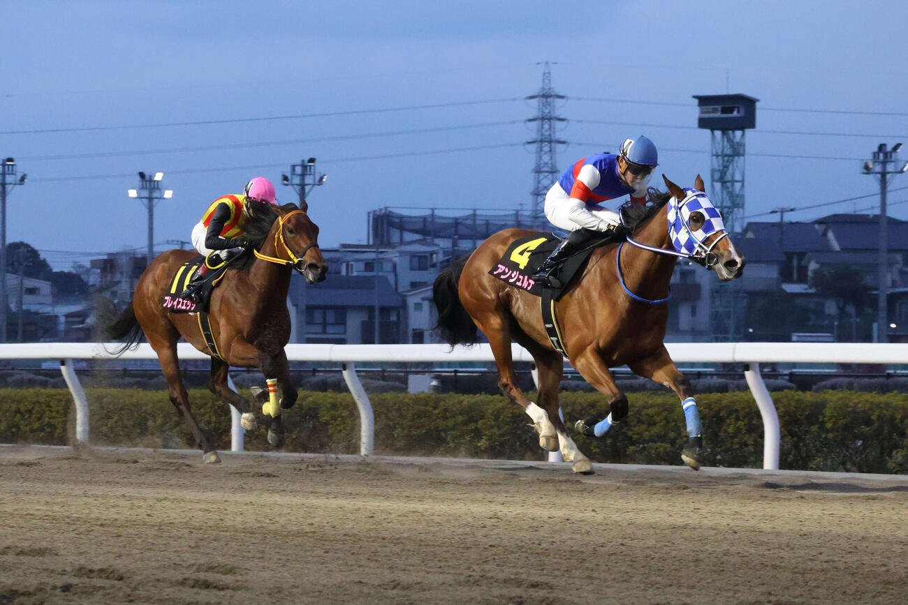2着ブレイズエッジ（左）に2馬身差で逃げ切り桜花賞を制したアンジュルナと野畑凌騎手（右）