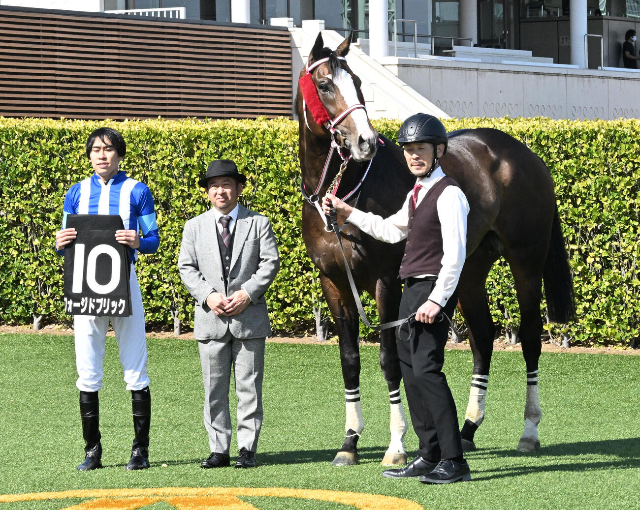 中山8R、ペガサスジャンプSを制したフォージドブリックの口取りをする大江原騎手と西田師（中央）（撮影・千葉一成）