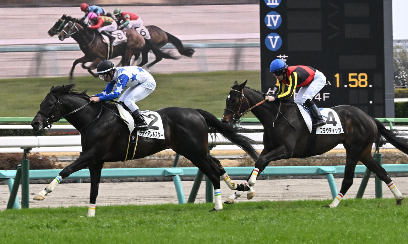 中山7R、3歳1勝クラスを制したラディアントスターと戸崎騎手。右は2着のプラウディッツ（撮影・千葉一成）