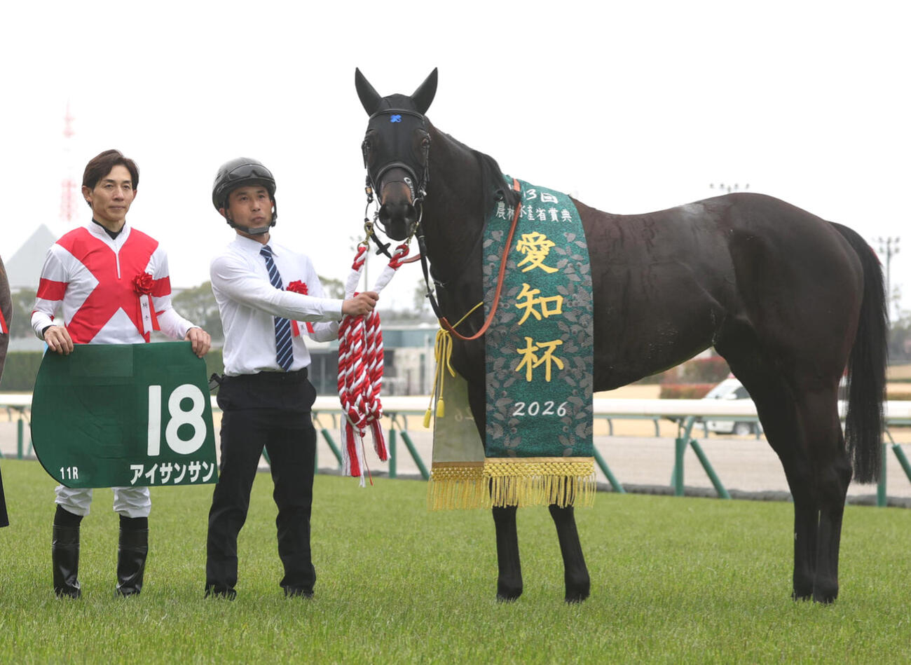 愛知杯を勝利したアイサンサンと口取りに並ぶ幸騎手（右から2人目）（撮影・白石智彦）