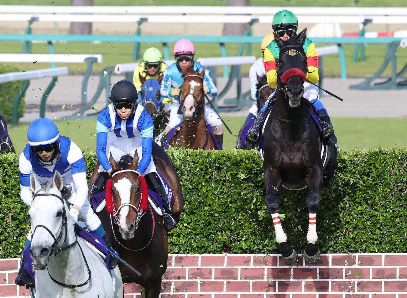 中山GJをレコードで制したエコロデュエルと草野騎手（右）（撮影・丹羽敏通）