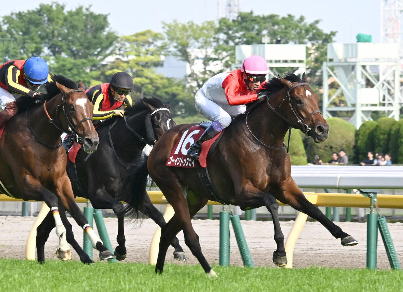 青葉賞を制したゴーイントゥスカイと武豊騎手（右）（撮影・千葉一成）