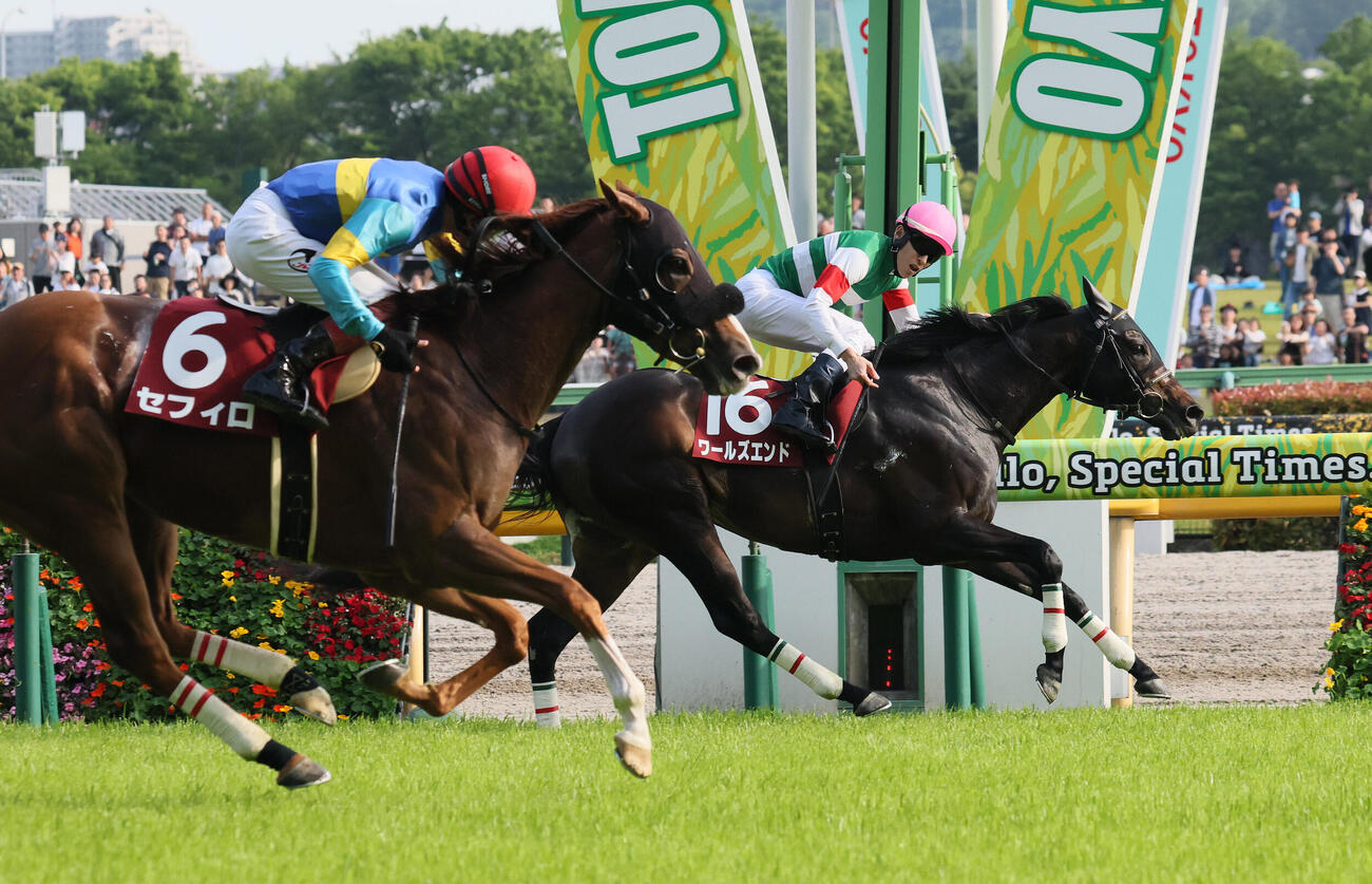 京王杯SCを制したワールズエンドと津村明秀騎手（奥）。手前は2着セフィロ（撮影・丹羽敏通）