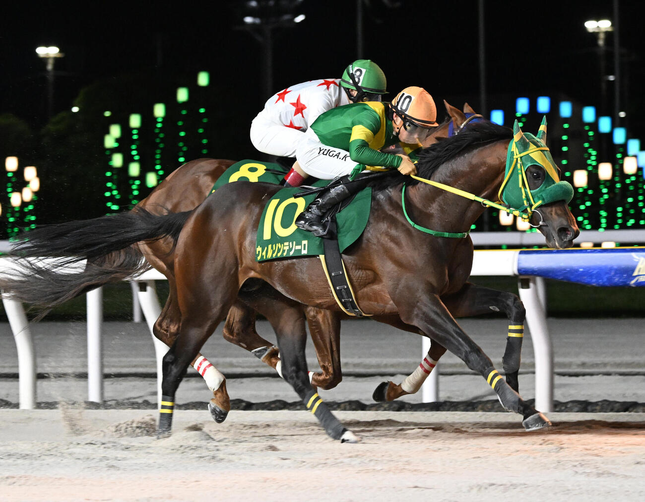 船橋11R、かしわ記念を制した川田将雅騎手とウィルソンテソーロ。奥は2着のミッキーファイト（撮影・千葉一成）