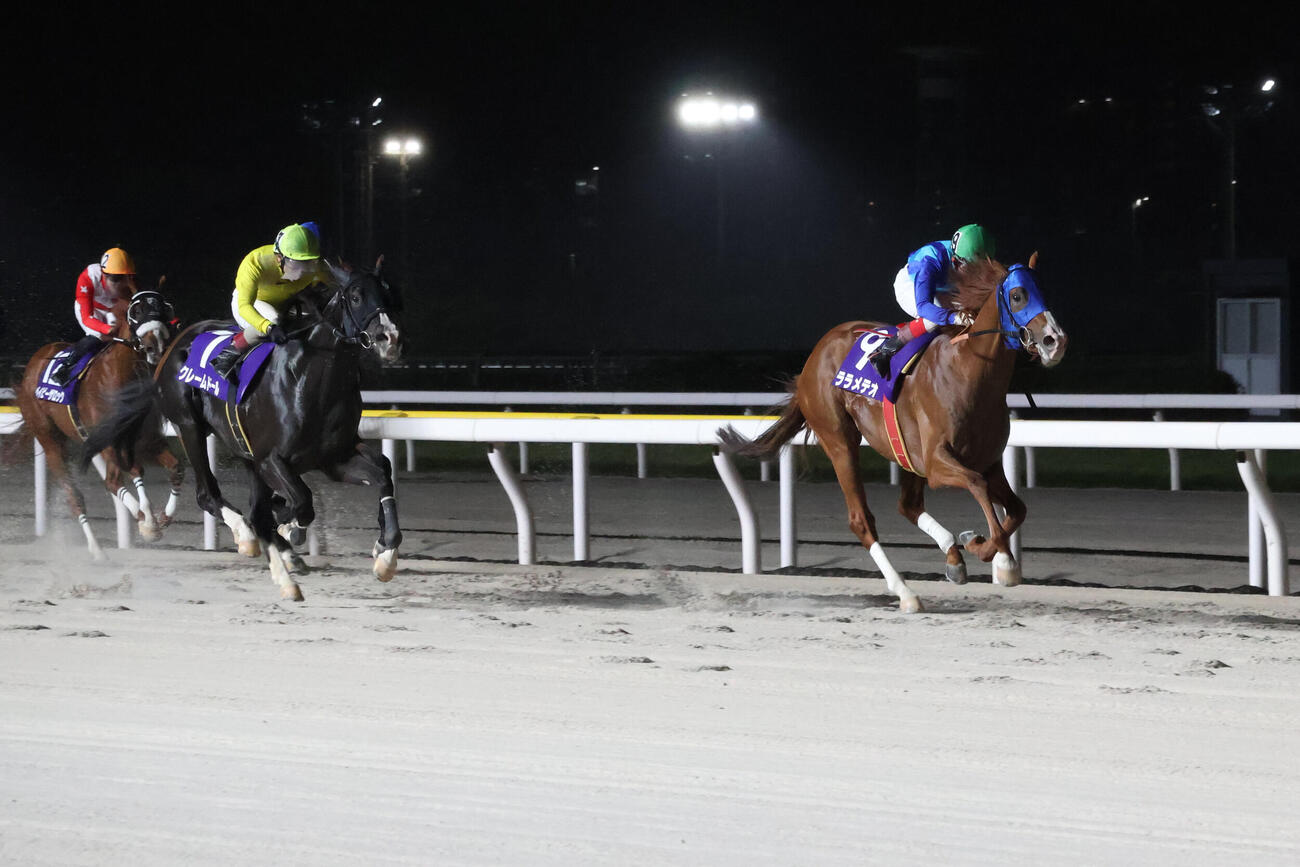 船橋11R・日刊スポーツ賞東京湾カップ（S2）　直線で抜け出し日刊スポーツ賞東京湾Cを制したララメテオと池谷匠翔騎手（右）＝2026年5月6日