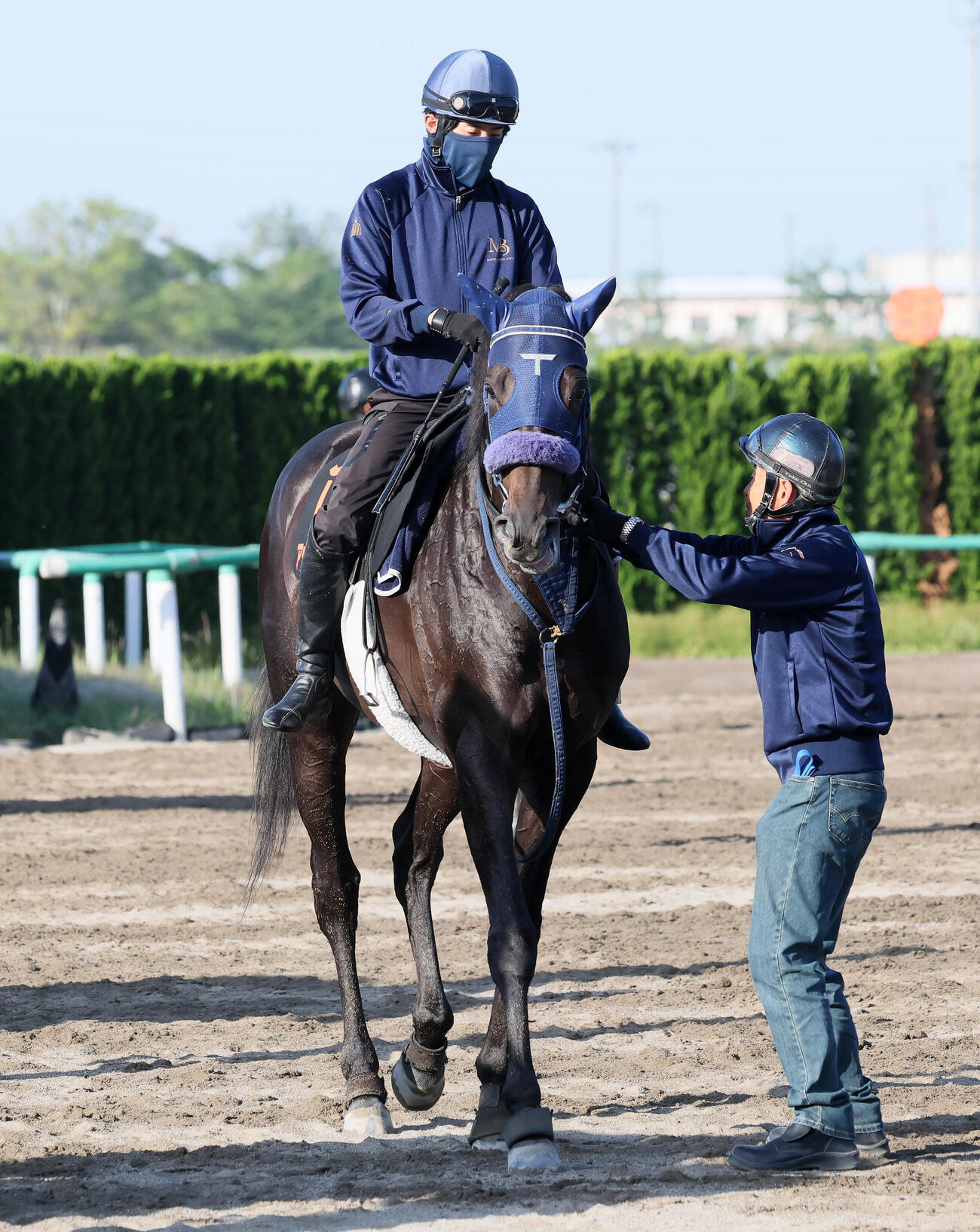 13日、追い切りを終えて馬場を出るアウダーシアと嶋田純次騎手