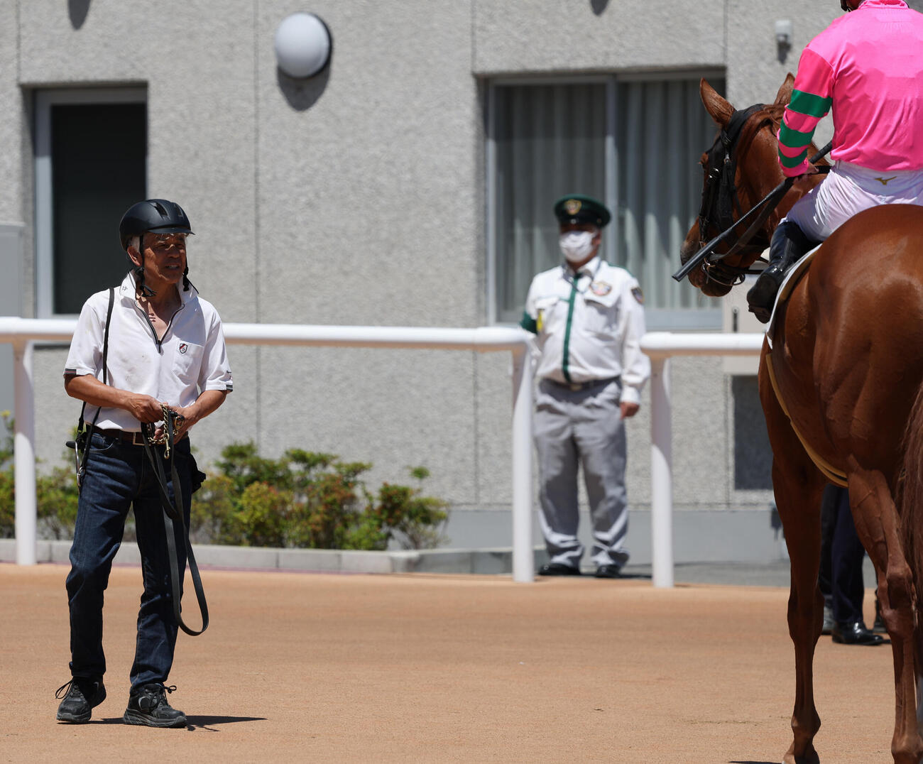 京都6R、3歳1勝クラスで10着だったトーアエレクトラムを迎える元調教師の国枝栄厩務員（撮影・西尾就之）