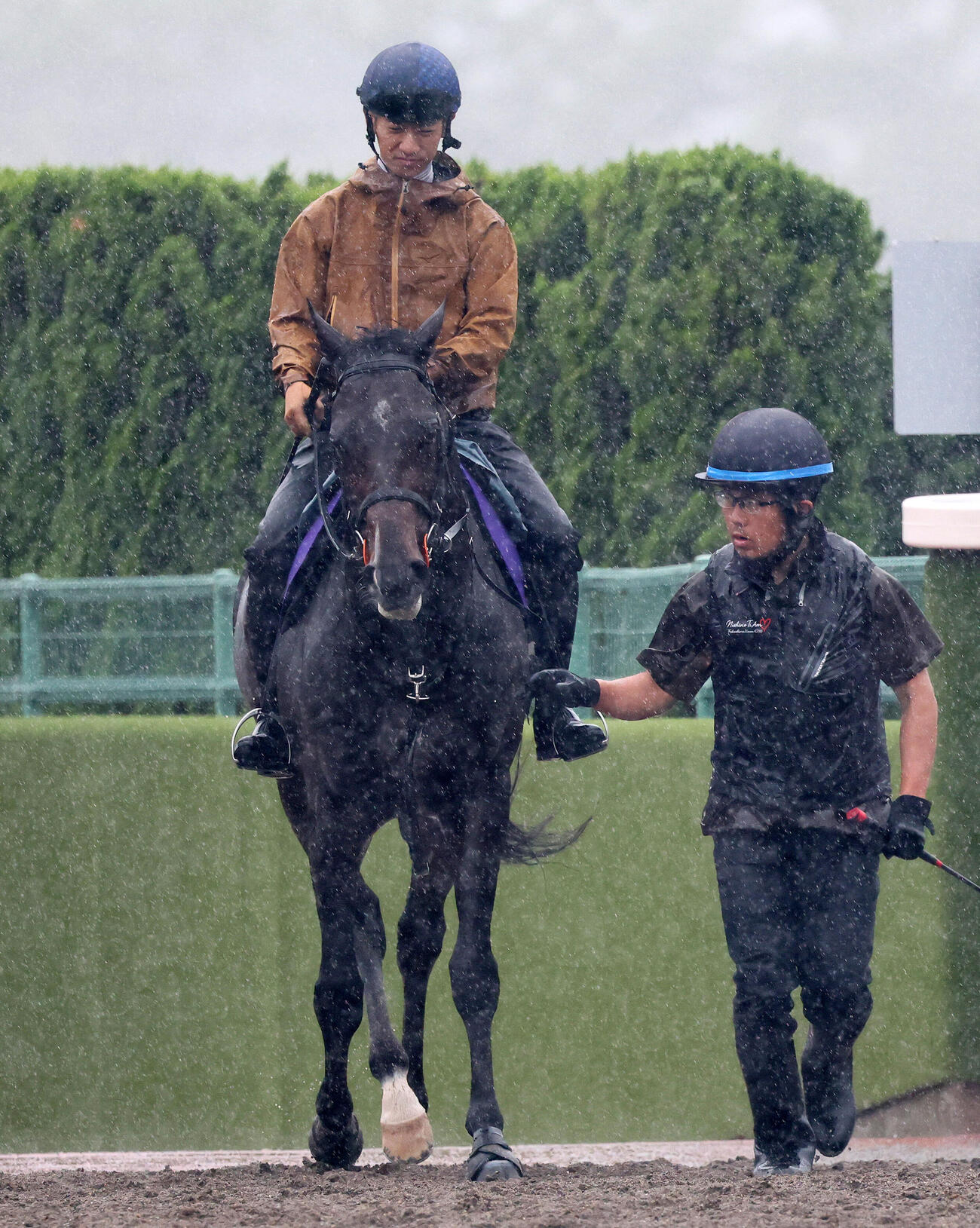 21日、追い切りを終えて馬場を出るフォルテアンジェロと荻野極騎手