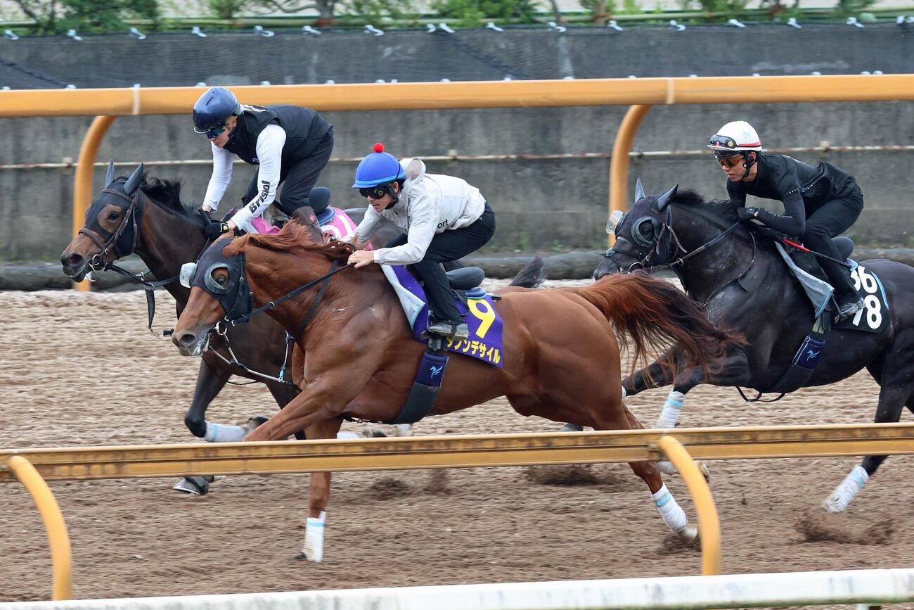 宝塚記念（1週前追い切り）　戸崎圭太騎手が騎乗し、3頭併せで時計を出したダノンデサイル（中）